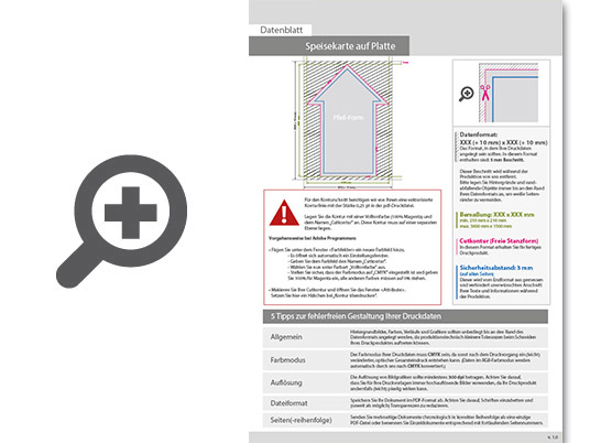 Product Bild speisekarte_auf_platte_in_pfeil-form_konturgefr__st___einseitig_4_0-farbig_bedruckt